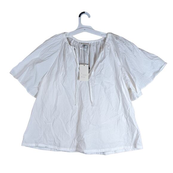 a new day Tops - A New Day Popover Top Womens Large Flounce Short Sleeve VNeck Tie Front White
